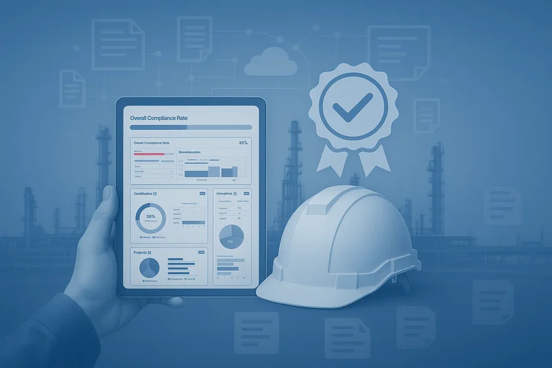 Compliance Management Dashboard on tablet with hard hat